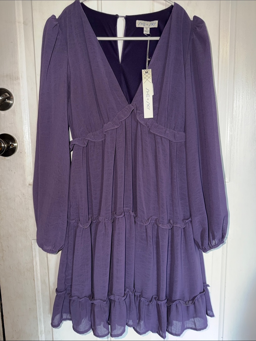 She + Sky Lavender Tiered Long-Sleeve V-Neck Ruffle Dress